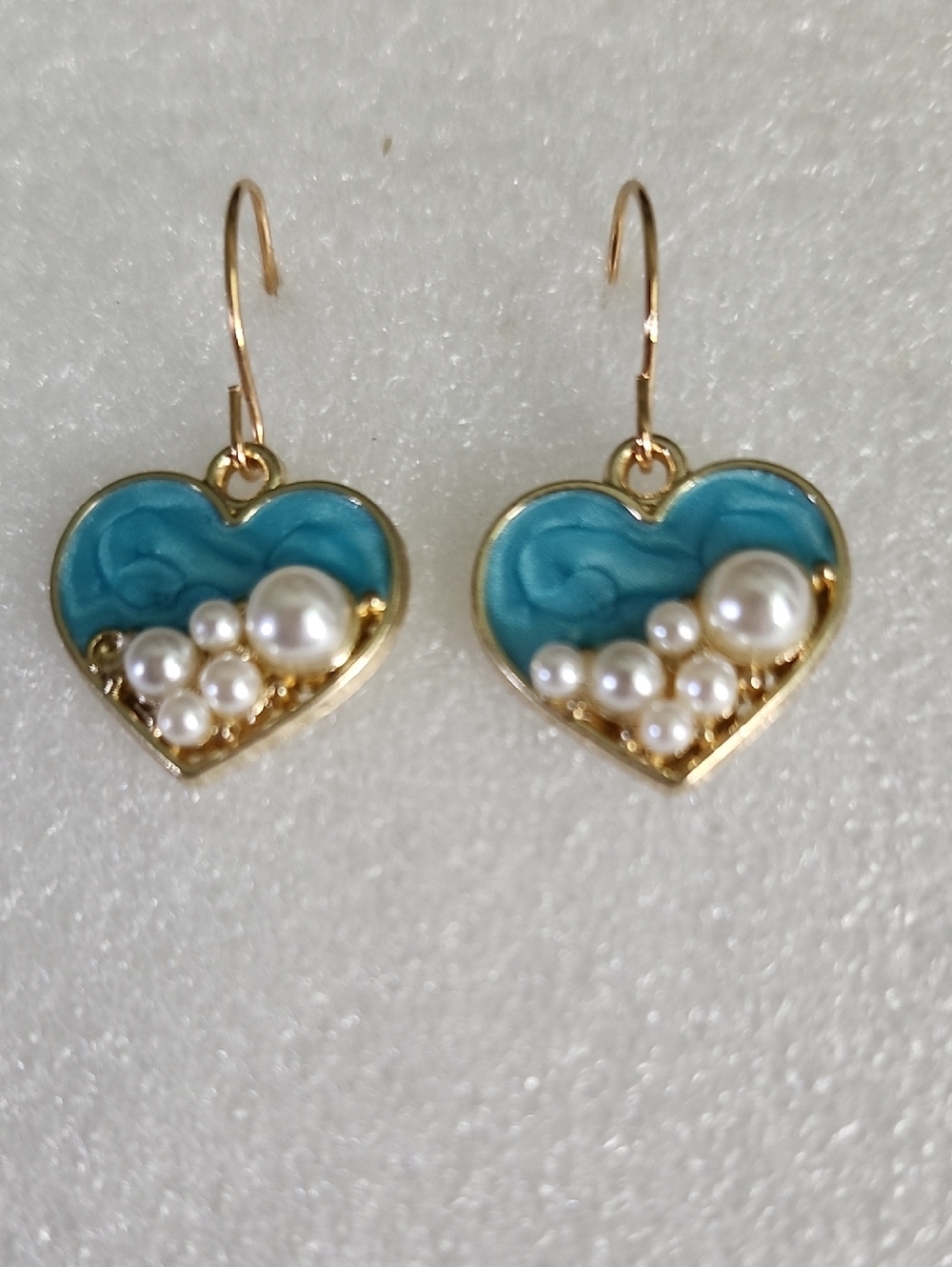 Hand Crafted Gold Heart Earrings with Turquoise Enamel and Pearl Cluster
